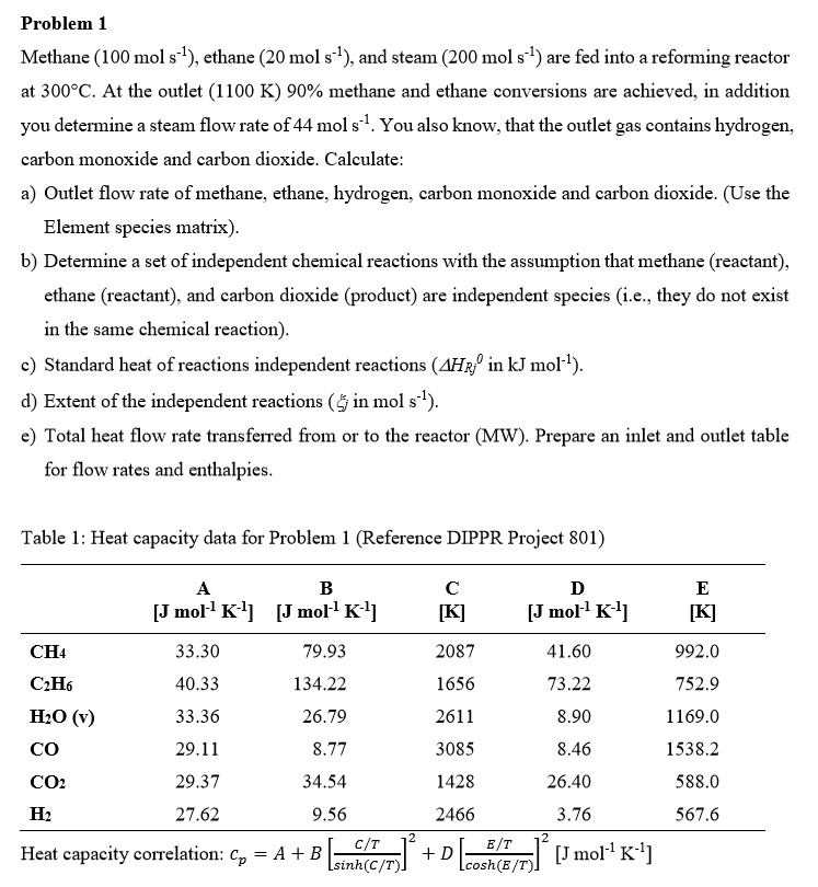  Problem 1 Methane (100(mol)s-1), ethane (20(mol)s-1), and steam ({:200(mol)s-1) are fed