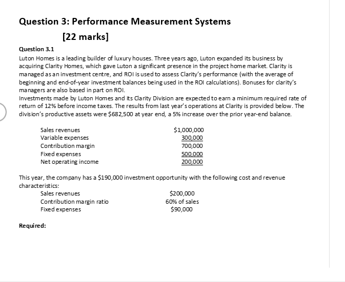  Question 3: Performance Measurement Systems [22 marks] Question 3.1 Luton Homes