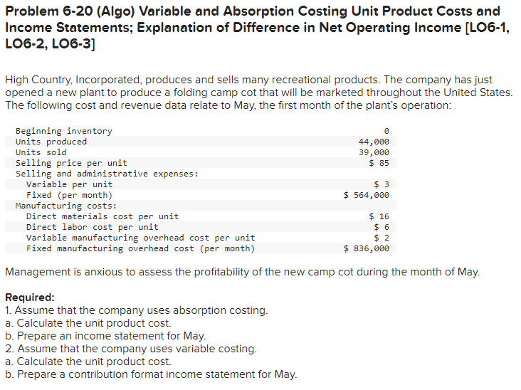  Problem 6-20 (Algo) Variable and Absorption Costing Unit Product Costs and
