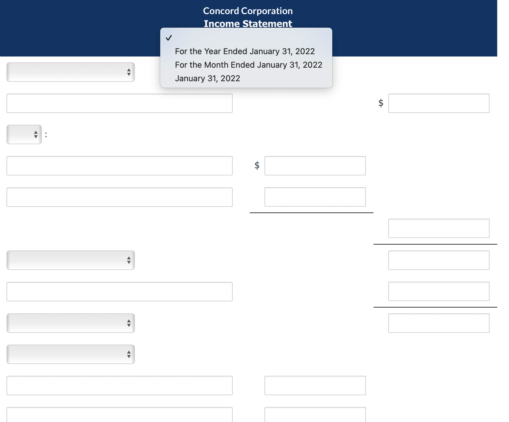 information for concord coorporation for the month on January 2022 (attatched below).