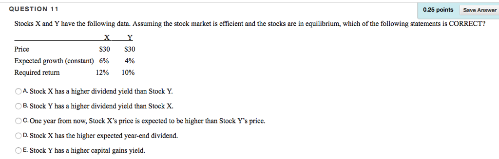  QUESTION 11 0.25 points Save Answer Stocks X and Y have