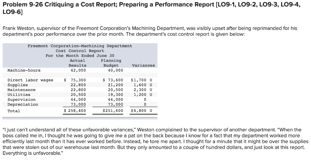 Problem 9-26 Critiquing a Cost Report; Preparing a Performance Report [LO9-1,
