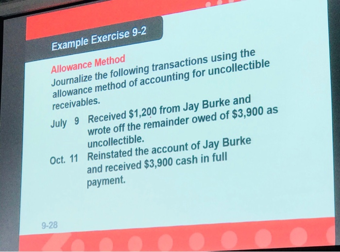  Example Exercise 9-2 Allowance Method Journalize the following transactions using the