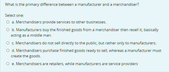  What is the primary difference between a manufacturer and a merchandiser?