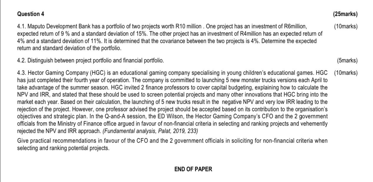  Question 4 (25marks) 4.1. Maputo Development Bank has a portfolio of