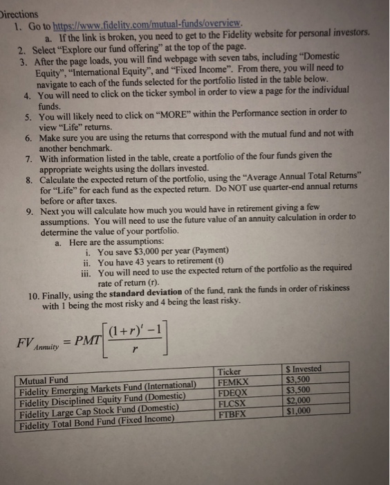  Please show all work irections 1. Go to https://www.fidelity.com/mutual-funds/overview a. If