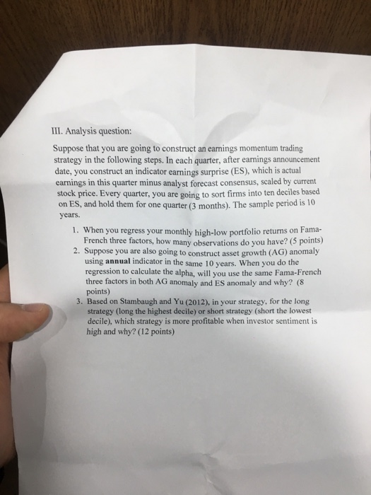  III. Analysis question: Suppose that you are going to construct an
