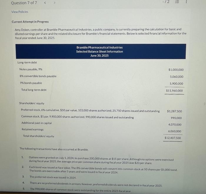  Question 7 of 7 View Policies Current Attempt in Progress Amy