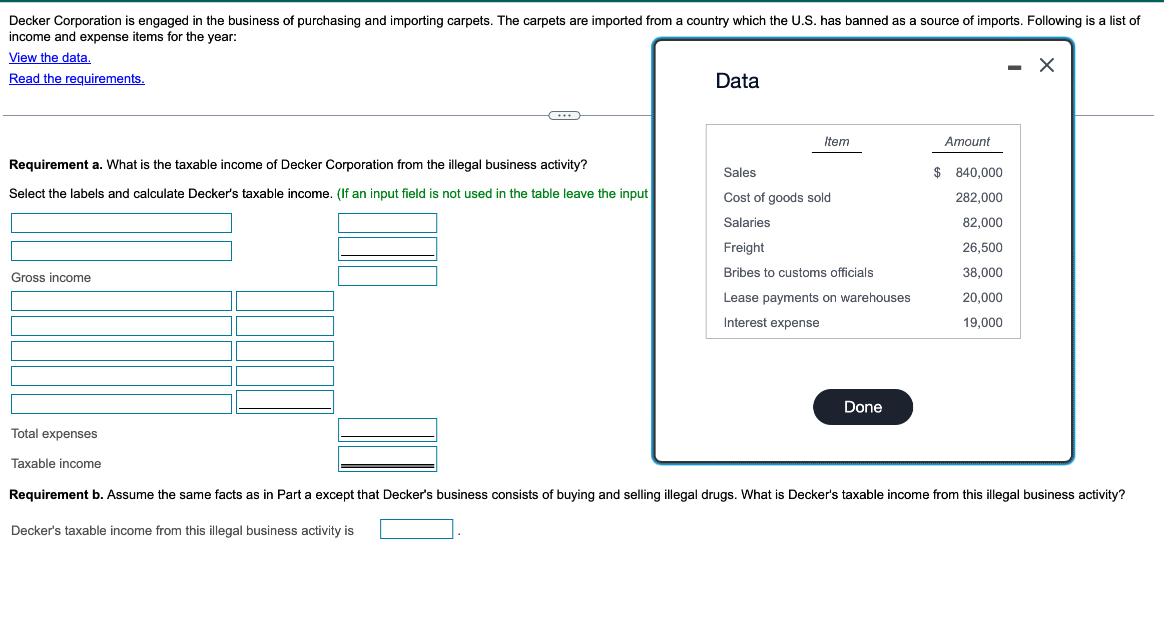  income and expense items for the year: View the data. Read