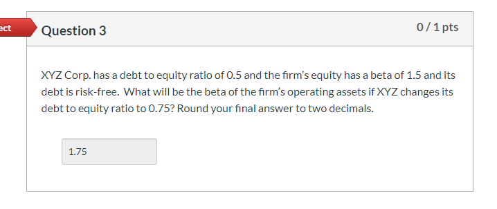  ect Question 3 0/1 pts XYZ Corp. has a debt to