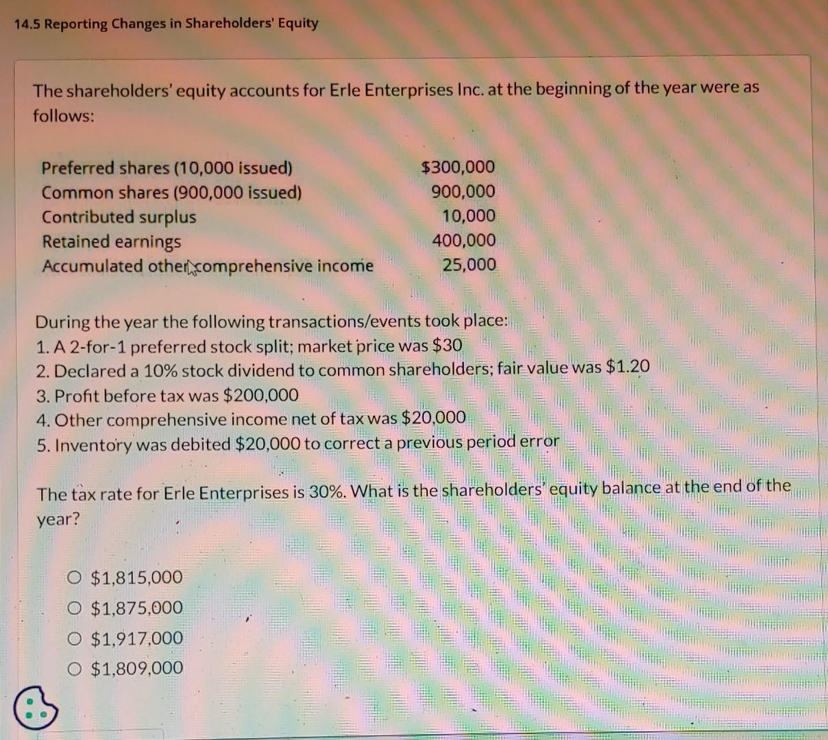  14.5 Reporting Changes in Shareholders' Equity The shareholders' equity accounts for