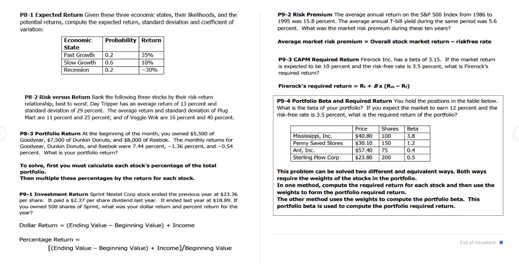 P8-1 Expected Return Given these three economic states, their likelihoods, and