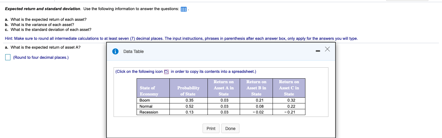 Expected return and standard deviation. Use the following information to answer the