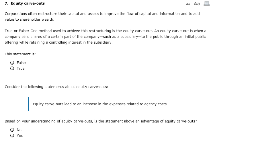 7. Equity carve-outs Aa Aa E Corporations often restructure their capital