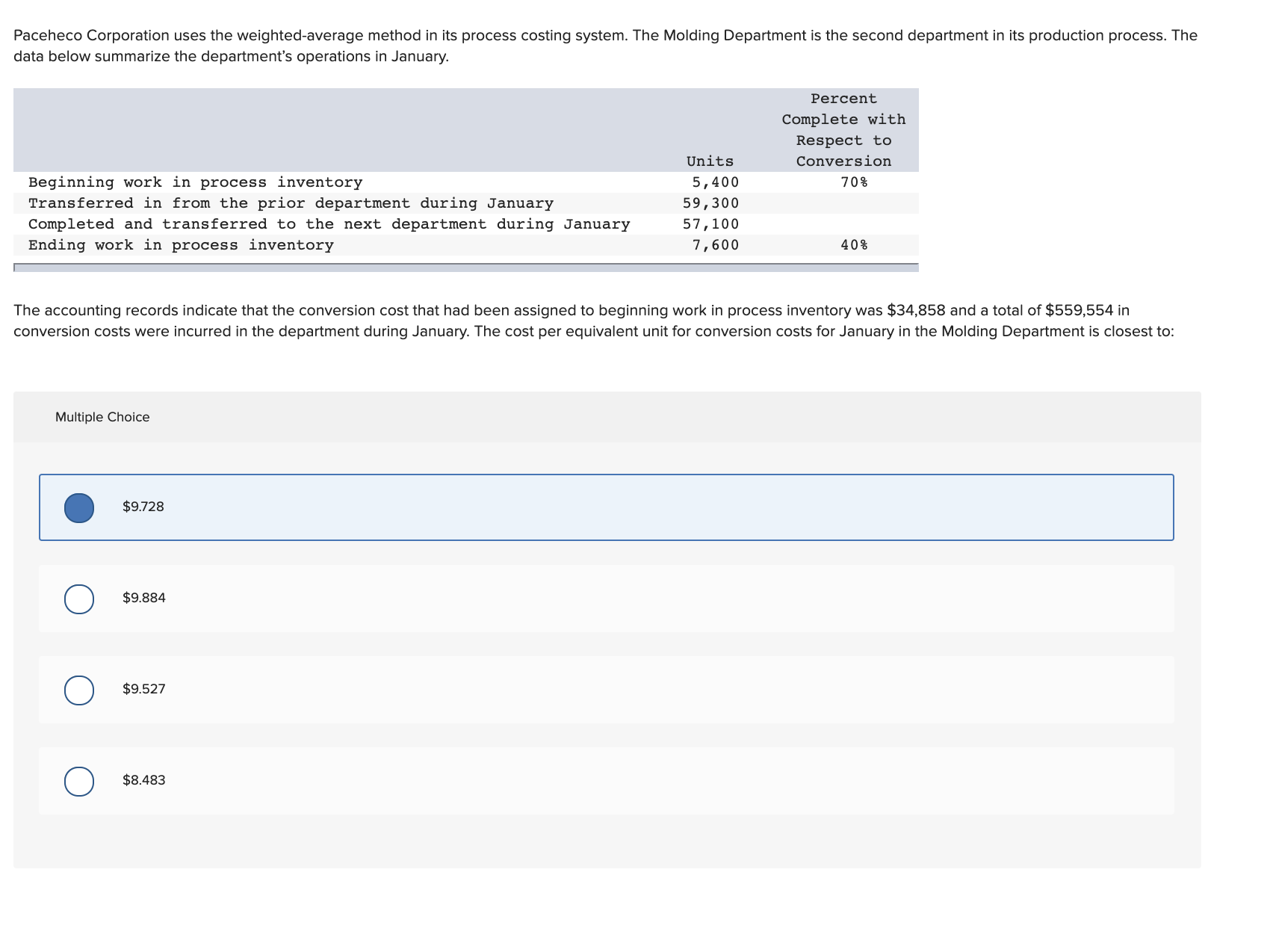 Paceheco Corporation uses the weighted-average method in its process costing system.