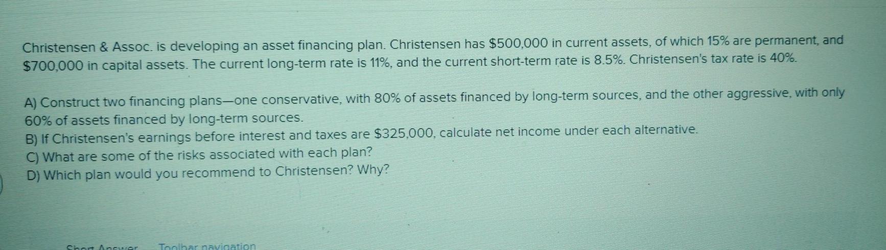  need an answer asap Christensen & Assoc. is developing an asset