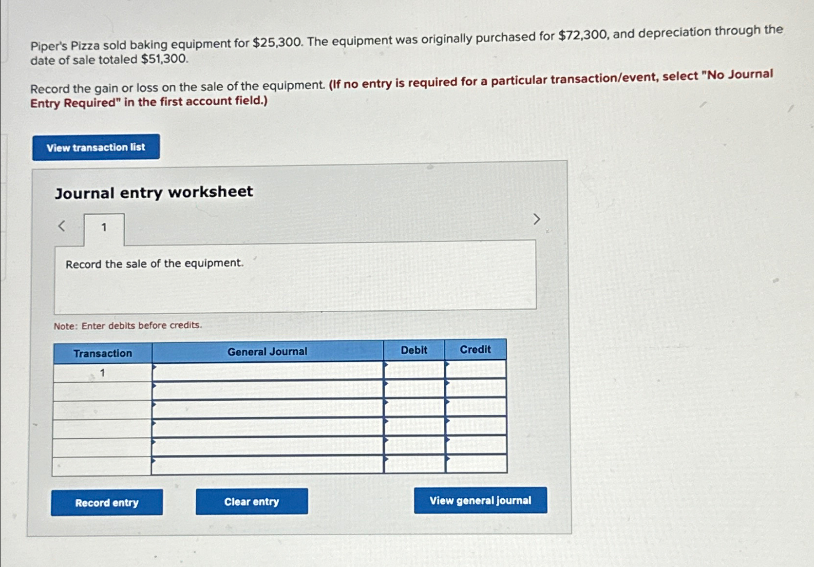  Piper's Pizza sold baking equipment for $25,300. The equipment was originally