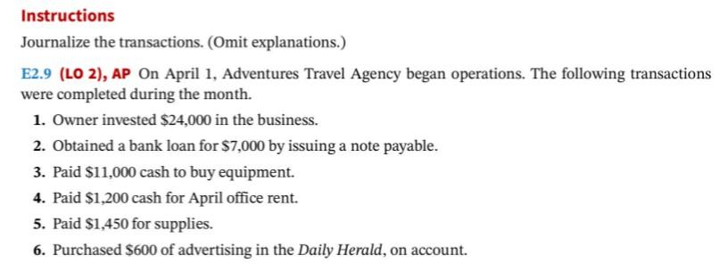 Instructions Journalize the transactions. (Omit explanations.) E2.9 (LO 2), AP On
