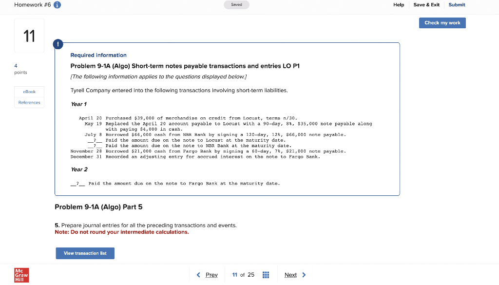  Required Information Problem 9-1A (Algo) Short-term notes payable transactions and entries