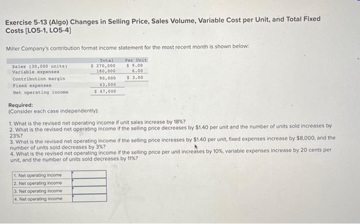  Exercise 5-13 (Algo) Changes in Selling Price, Sales Volume, Variable Cost