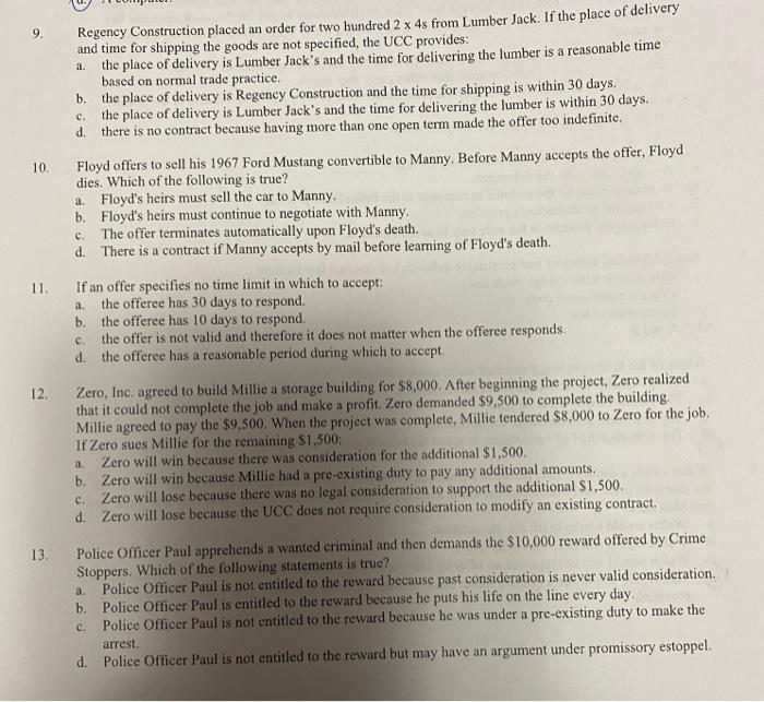  9 a. c. d. 10 Regency Construction placed an order for