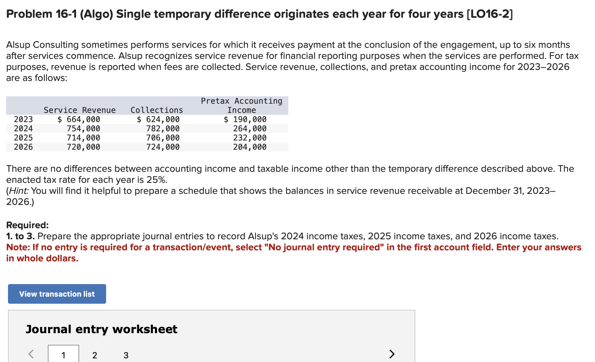 Problem 16-1 (Algo) Single temporary difference originates each year for four