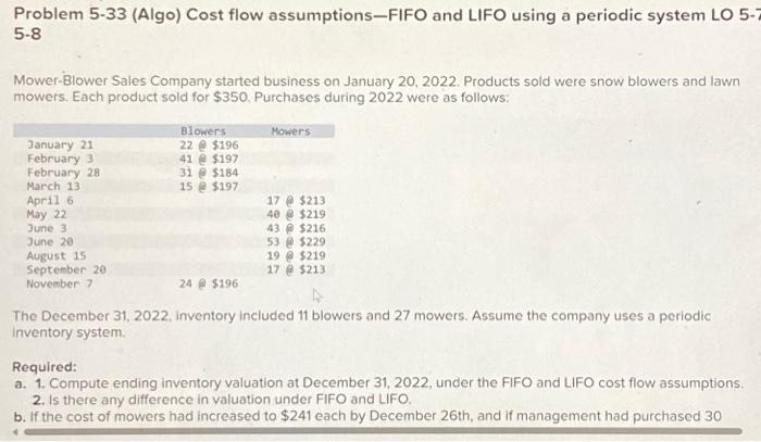  Problem 5-33 (Algo) Cost flow assumptions-FIFO and LIFO using a periodic