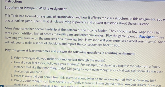  Instructions Stratification Playspent Writing Assignment This Topic has focused on systems
