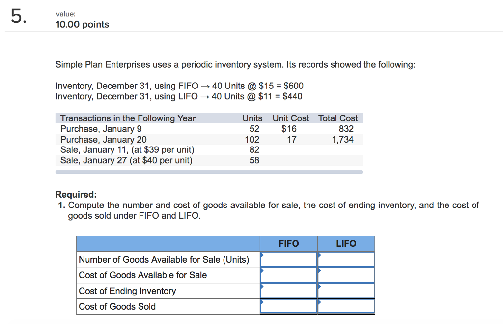 value 10.00 points Simple Plan Enterprises uses a periodic inventory system.