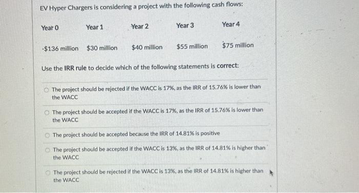  EV Hyper Chargers is considering a project with the following cash