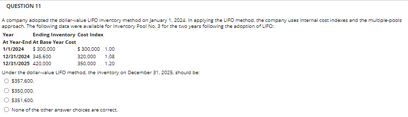  QUESTION 11 A company adopted the dollar-value LIFO inventory method on