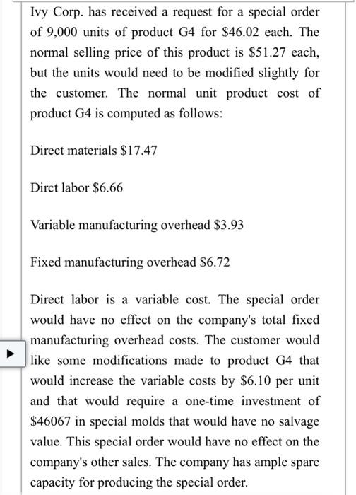  Ivy Corp. has received a request for a special order of