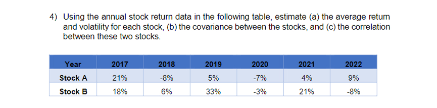  Using the annual stock return data in the following table, estimate