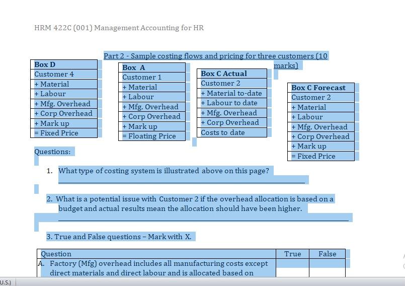 Part 2 - Sample costing flows and pricing for three customers (10