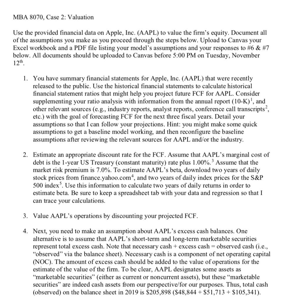 MBA 8070, Case 2: Valuation Use the provided financial data on