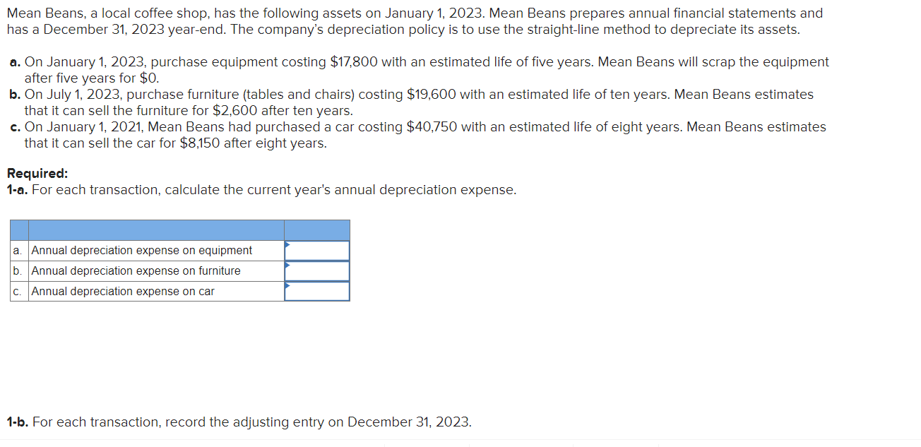  1-b. For each transaction, record the adjusting entry on December 31,2023.