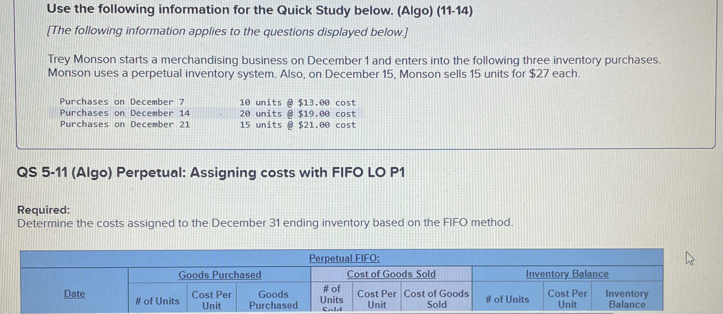  Use the following information for the Quick Study below. (Algo)(11-14) [The