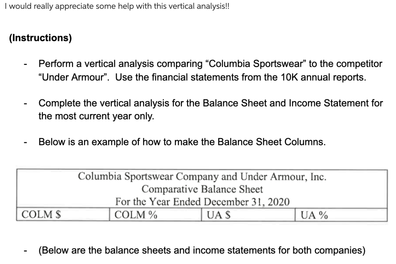 I would really appreciate some help with this vertical analysis!! (Instructions)