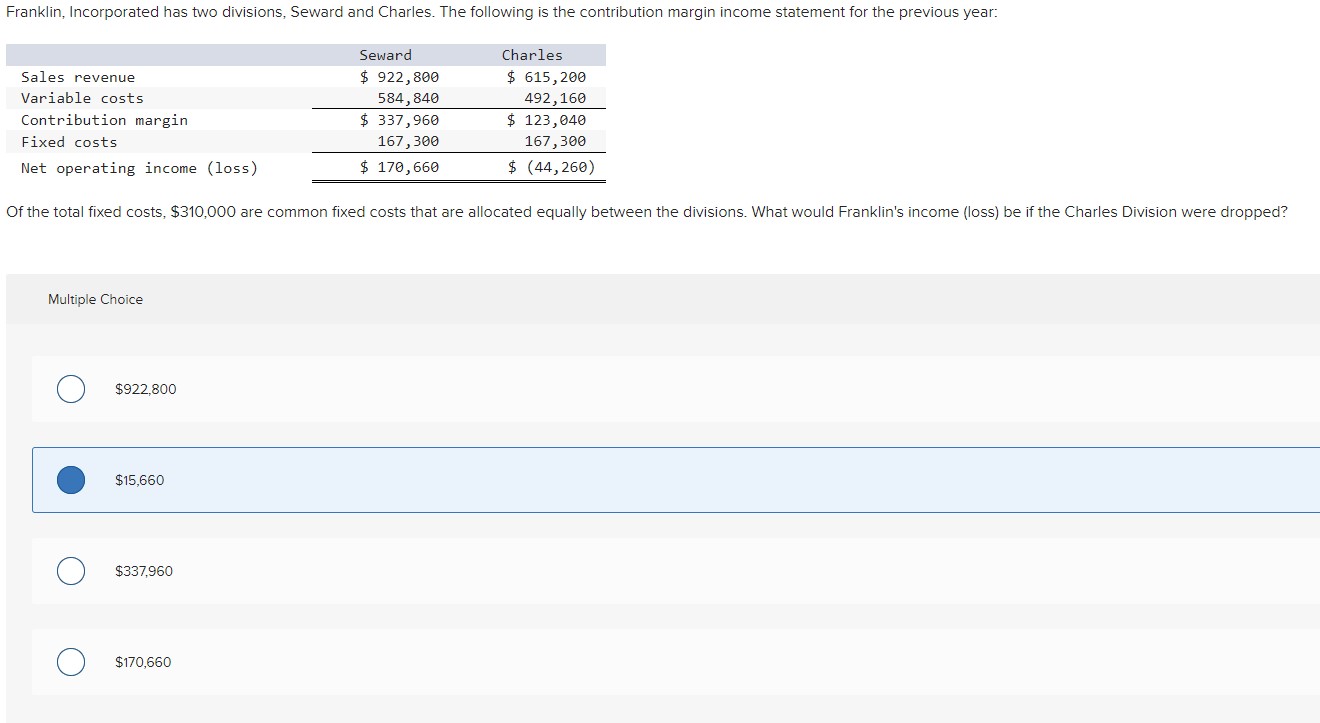 Multiple Choice $922,800 $15,660 $337,960 $170,660