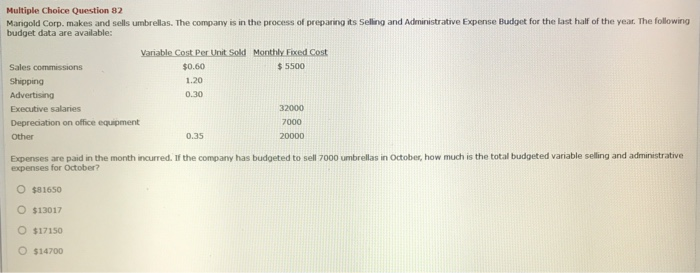  Multiple Choice Question 82 Marigold Corp. makes and sells umbrellas. The