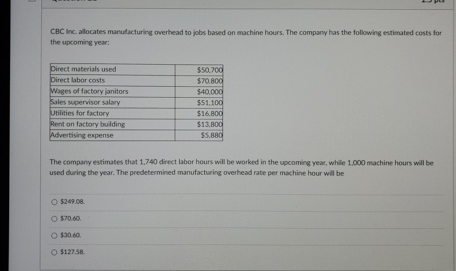  CBC Inc. allocates manufacturing overhead to jobs based on machine hours.