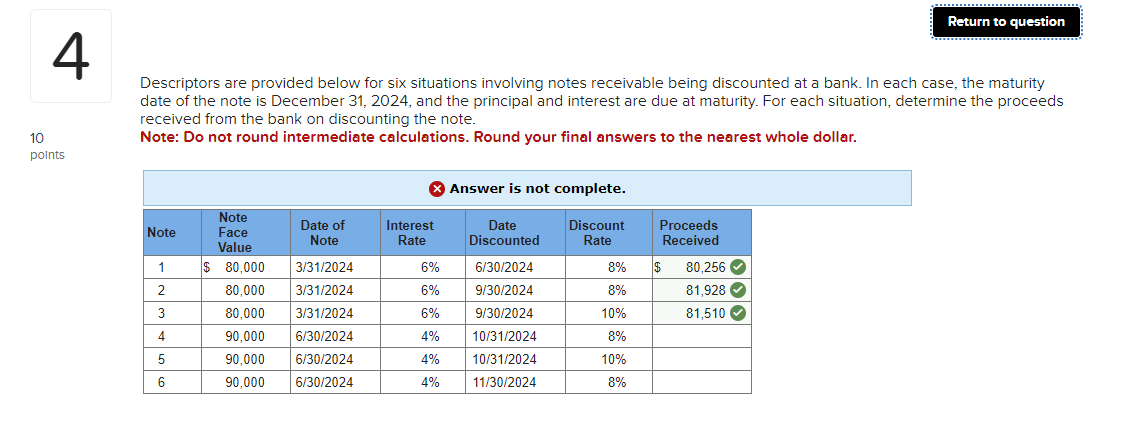 Descriptors are provided below for six situations involving notes receivable being