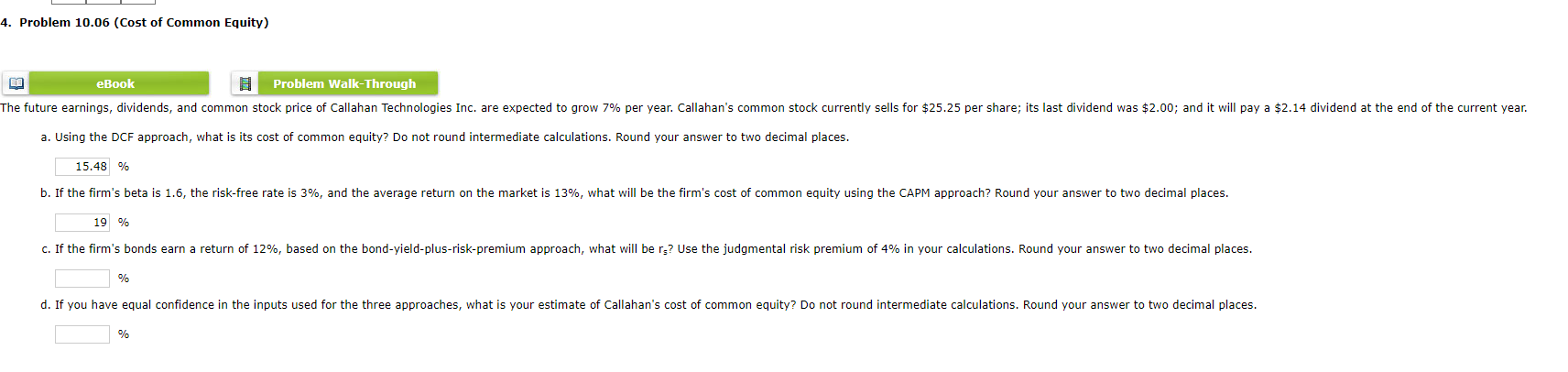  Problem 10.06(Cost of Common Equity) a. Using the DCF approach, what