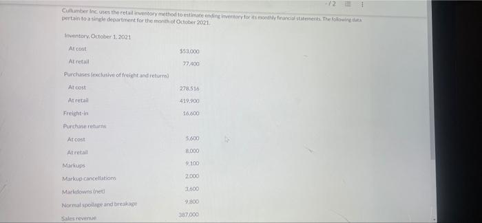  72 E 1 Cullumber Inc. uses the retail inventory method to