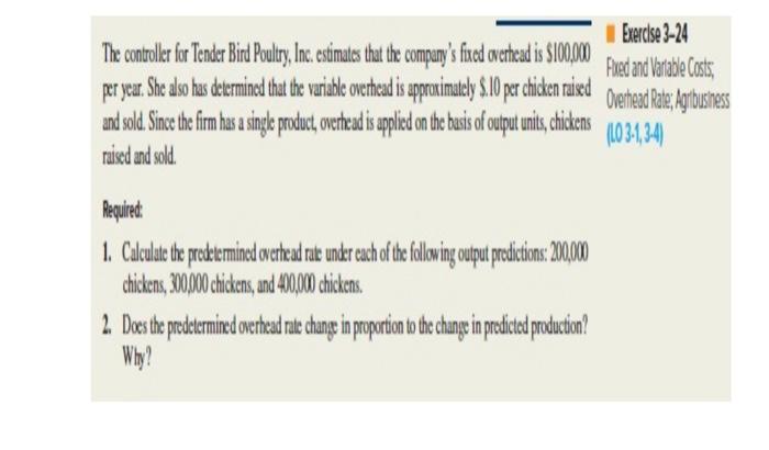  Exercise 3-24 The controller for Tender Bird Poultry, Inc. estimates that