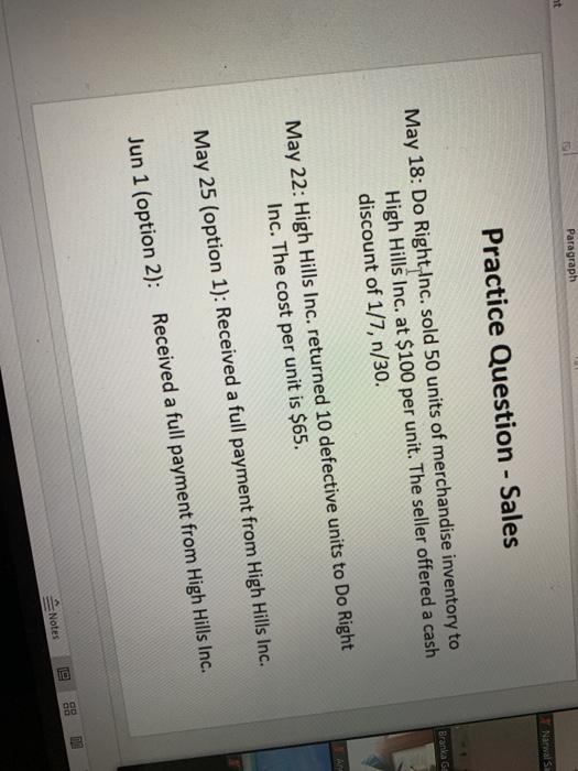  Paragraph st Narwas Practice Question - Sales Branka G May 18: