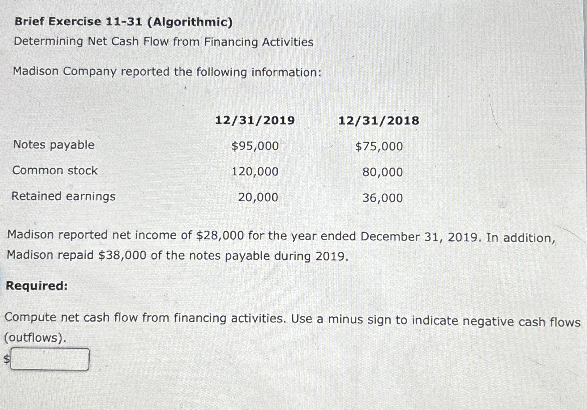  Brief Exercise 11-31(Algorithmic) Determining Net Cash Flow from Financing Activities Madison