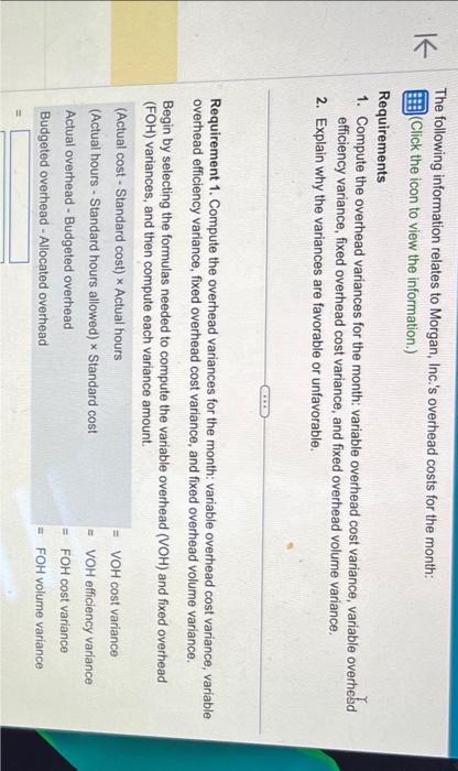 hours. Last month, Morgan reported the following actual results: actual variable overhead,