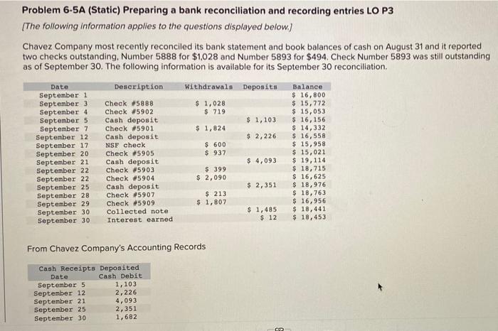  Problem 6-5A (Static) Preparing a bank reconciliation and recording entries LO