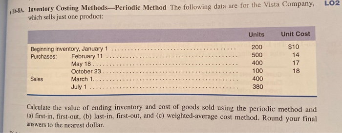  LO2 5684. Inventory Costing Methods-Periodic Method The following data are for